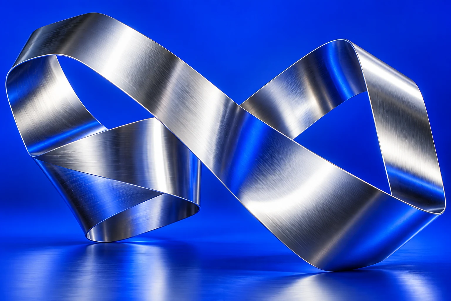 A sculptural silver ribbon folded against a vivid cobalt blue background